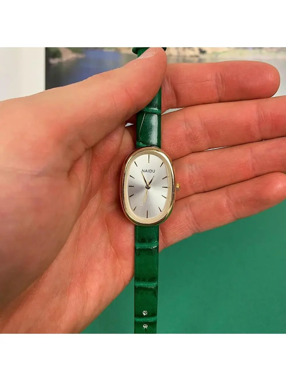Y2k style green leather gold and silver luxury classy sport watch. 8 inches